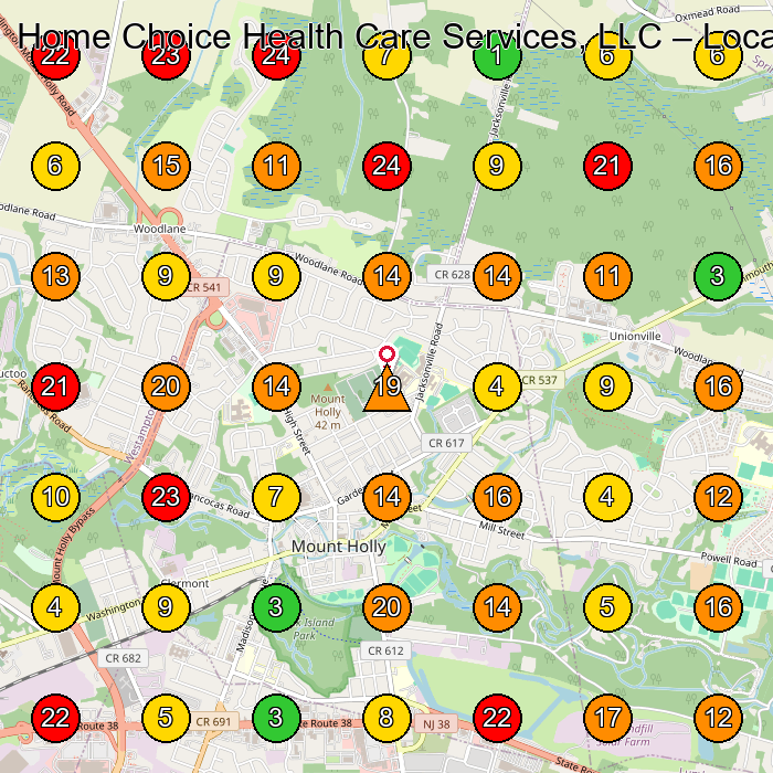 Home Choice Health Care Services, LLC Home Health Care Service GeoGrid ranking map for Mt Holly NJ